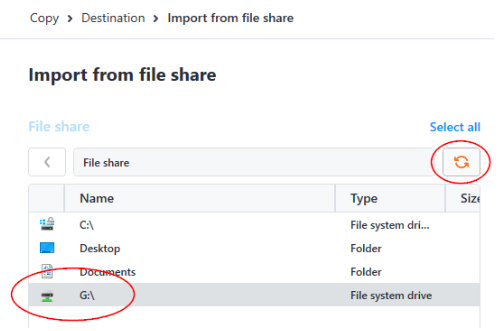 the ShareGate migration tool interface with refresh icon and file share