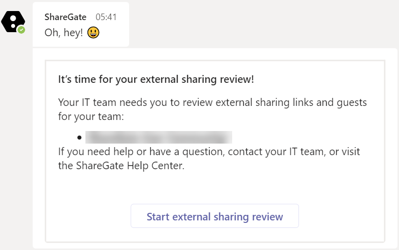 Screenshot of the external sharing review chatbot notification